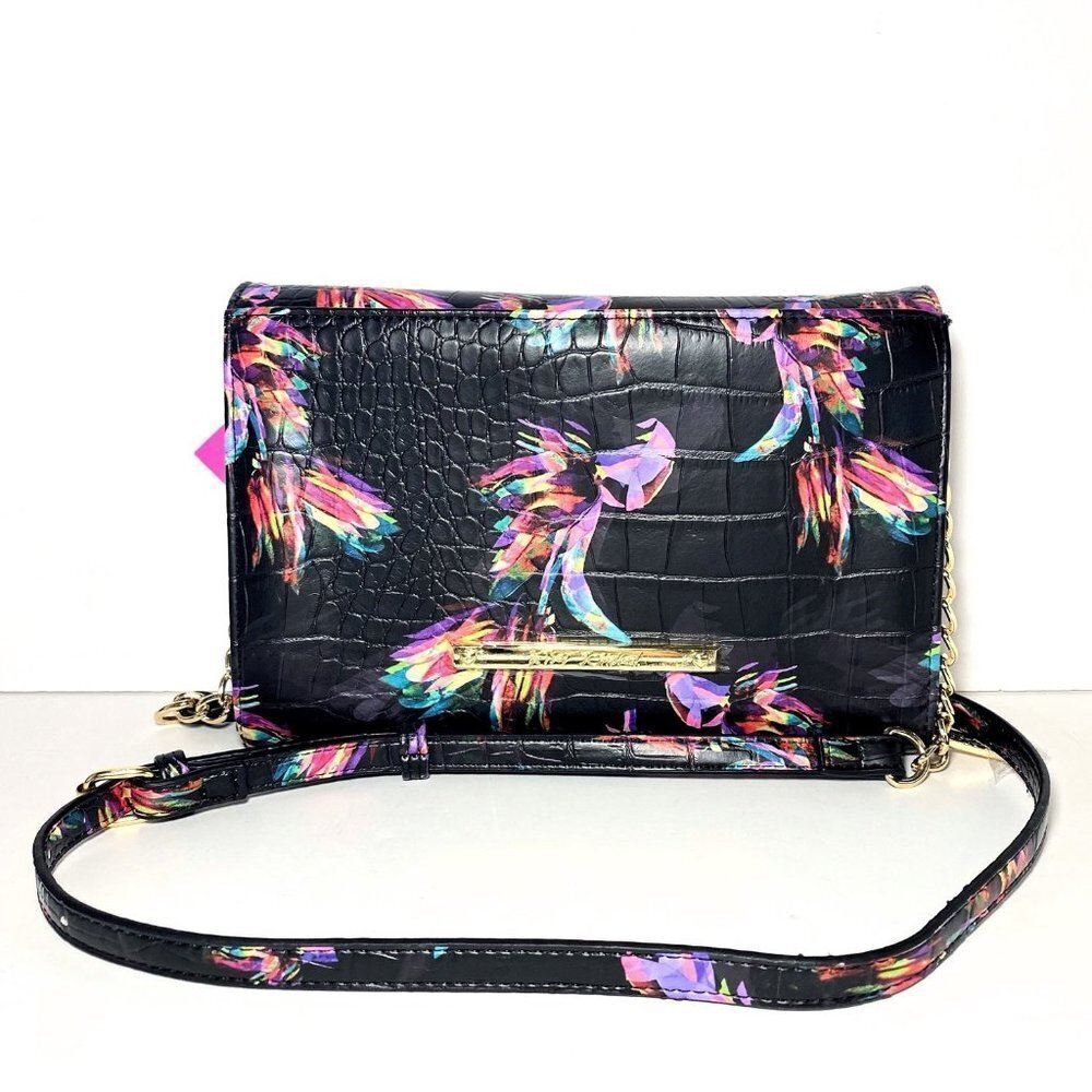 Betsey Johnson Bow Front Black Floral Clutch Wallet Crossbody Bag NWT - Picture 4 of 8